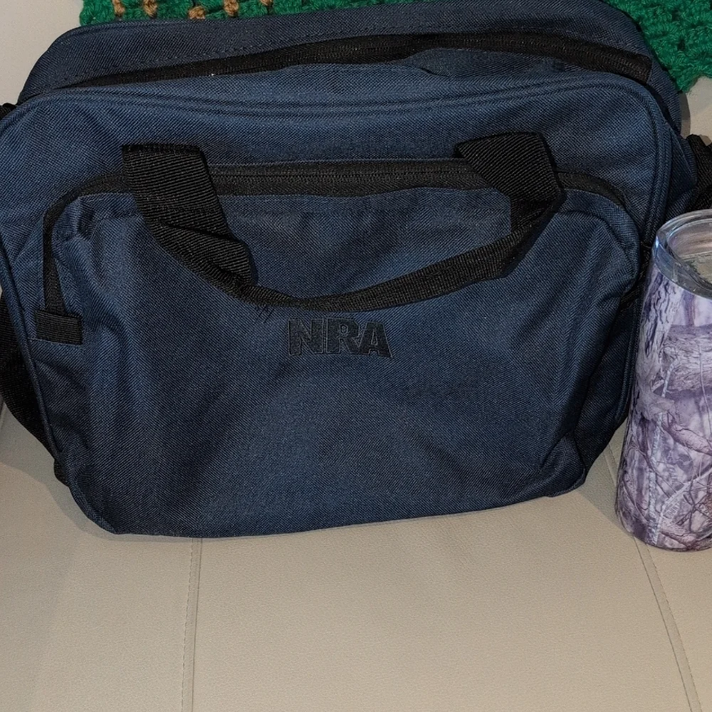 Navy Blue Men's Messenger Bag With NRA Embroided On It and A Thermal Cup!